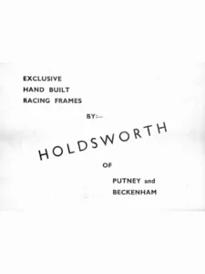 The front cover of Holdsworth's racing frames catalog, type only on white paper, with "HOLDSWORTH" set rising at a slant across the middle.