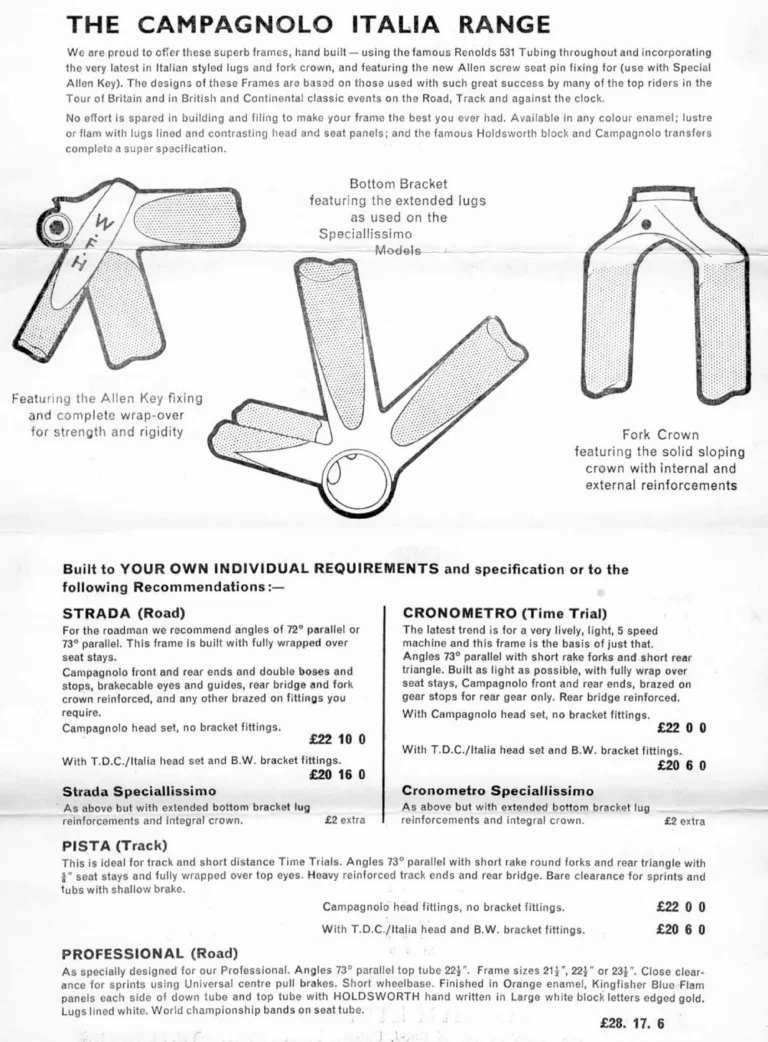 Holdsworth Shop Catalog (Undated, before 1971) — Exclusive Hand Built Racing Frames by Holdsworth of Putney and Beckenham: the Campagnolo Italia Range — page 2 of 3