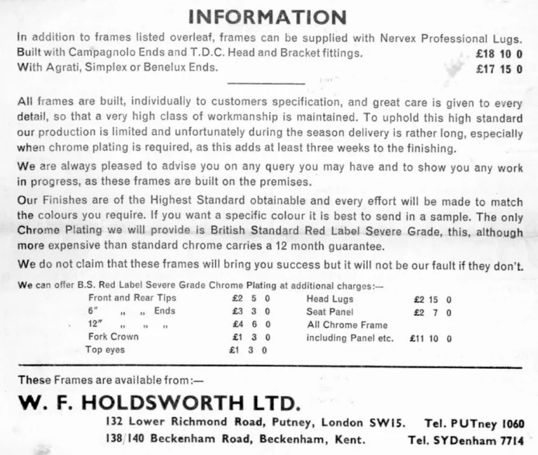 Holdsworth Shop Catalog (Undated, before 1971) — Exclusive Hand Built Racing Frames by Holdsworth of Putney and Beckenham: the Campagnolo Italia Range — page 3 of 3