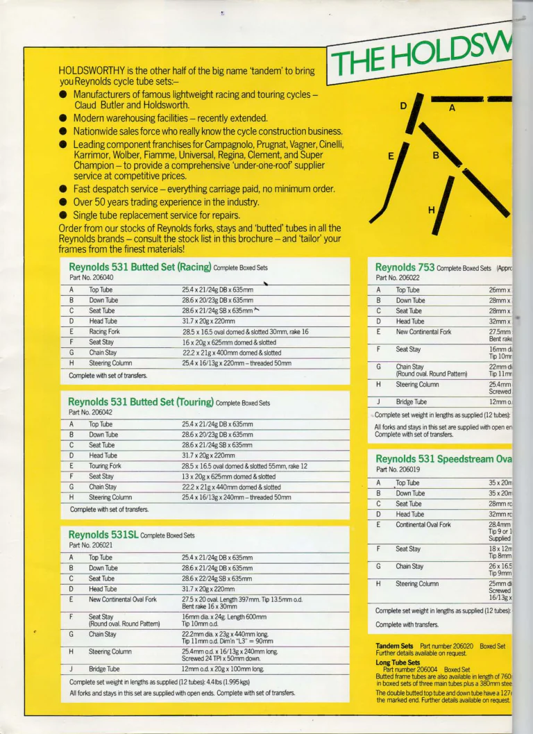 Reynolds 1981 Tube Set Catalog — Holdsworthy's Made to Measure Reynolds 531, 531SL, 753 and New Speedstream Tube Sets, with the Transfers Chart and Agents — page 3 of 8