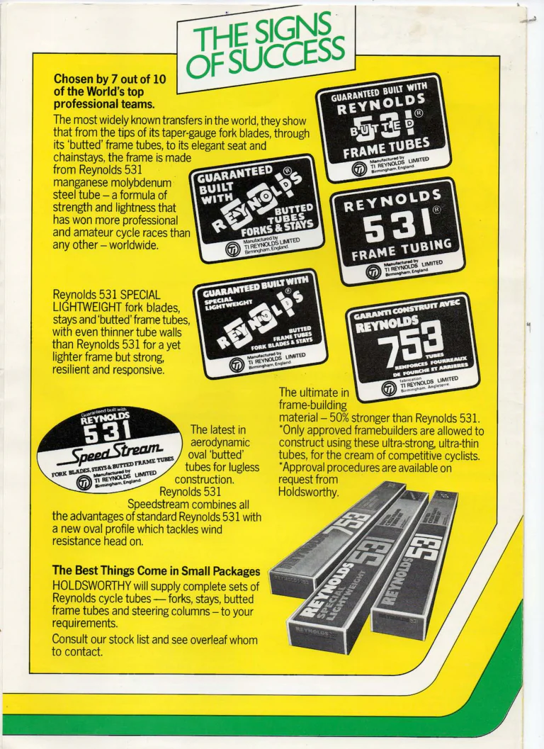 Reynolds 1981 Tube Set Catalog — Holdsworthy's Made to Measure Reynolds 531, 531SL, 753 and New Speedstream Tube Sets, with the Transfers Chart and Agents — page 5 of 8