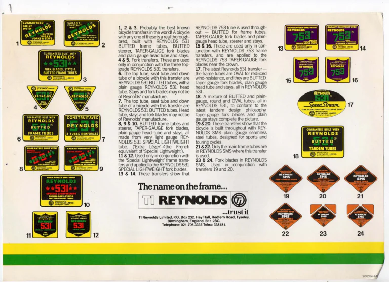 Reynolds 1981 Tube Set Catalog — Holdsworthy's Made to Measure Reynolds 531, 531SL, 753 and New Speedstream Tube Sets, with the Transfers Chart and Agents — page 7 of 8
