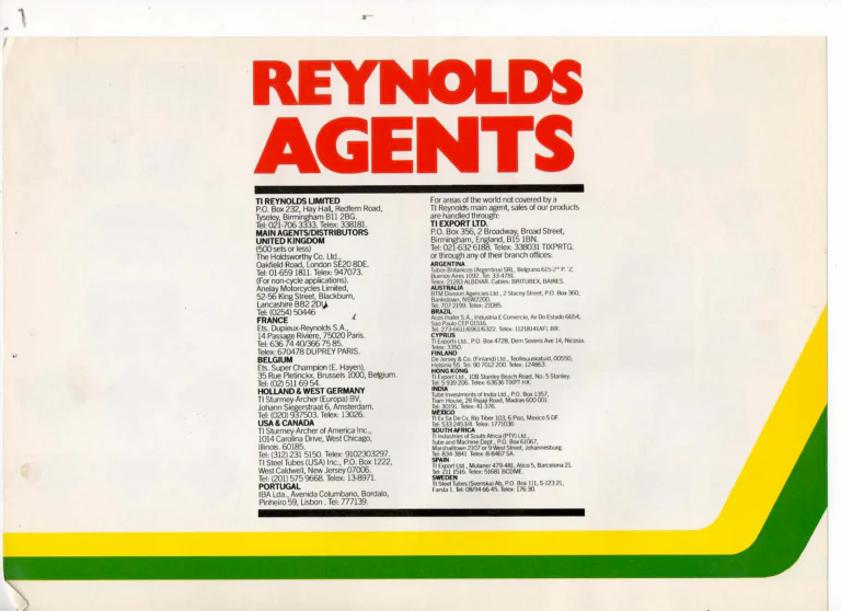 Reynolds 1981 Tube Set Catalog — Holdsworthy's Made to Measure Reynolds 531, 531SL, 753 and New Speedstream Tube Sets, with the Transfers Chart and Agents — page 8 of 8