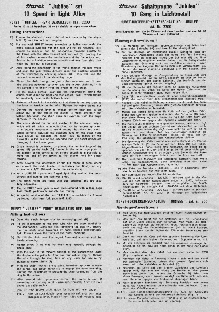 Huret Jubilee Instructions — The Jubilee 10 Speed Set in Light Alloy, Fitting Instructions in French, English and German — page 2 of 2
