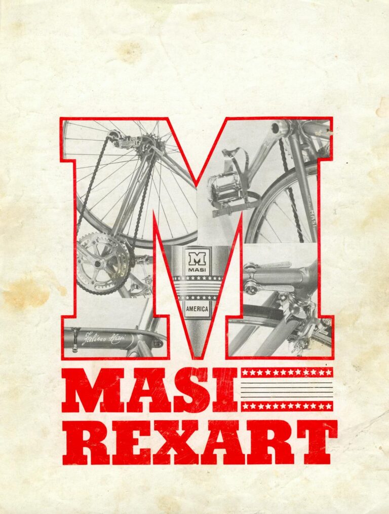 Masi-Rexart Brochure — Masi, the Bicycle of Grand Champions: Masi-America and the Carlsbad Factory (Cover and Spread) — page 1 of 3