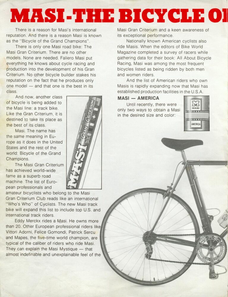 Masi-Rexart Brochure — Masi, the Bicycle of Grand Champions: Masi-America and the Carlsbad Factory (Cover and Spread) — page 2 of 3