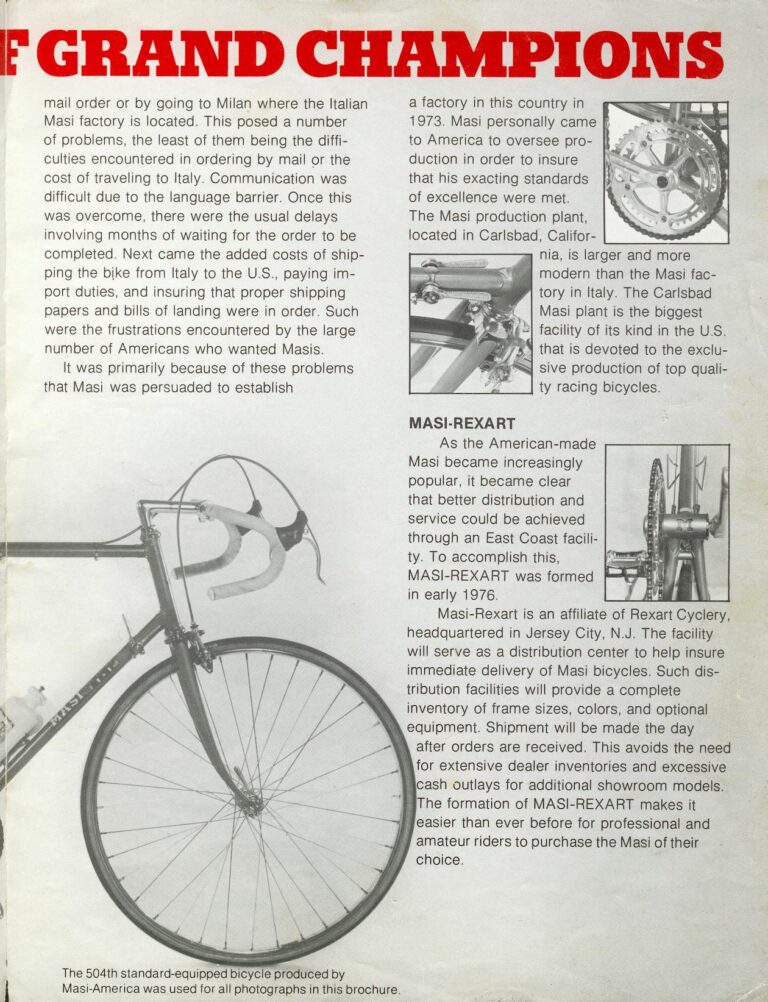 Masi-Rexart Brochure — Masi, the Bicycle of Grand Champions: Masi-America and the Carlsbad Factory (Cover and Spread) — page 3 of 3