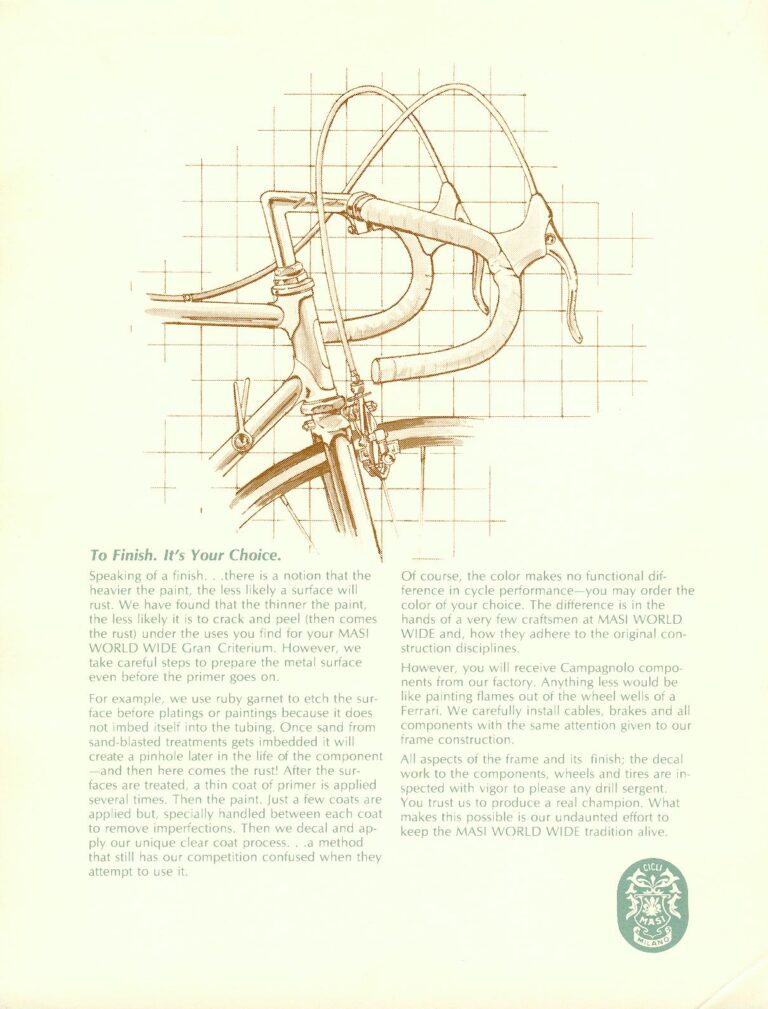 Masi World Wide Brochure — The Tradition, the Gran Criterium, the 3/V Volumetrica and the Nuova Strada (Pen Drawings, High Country Imports) — page 1 of 8