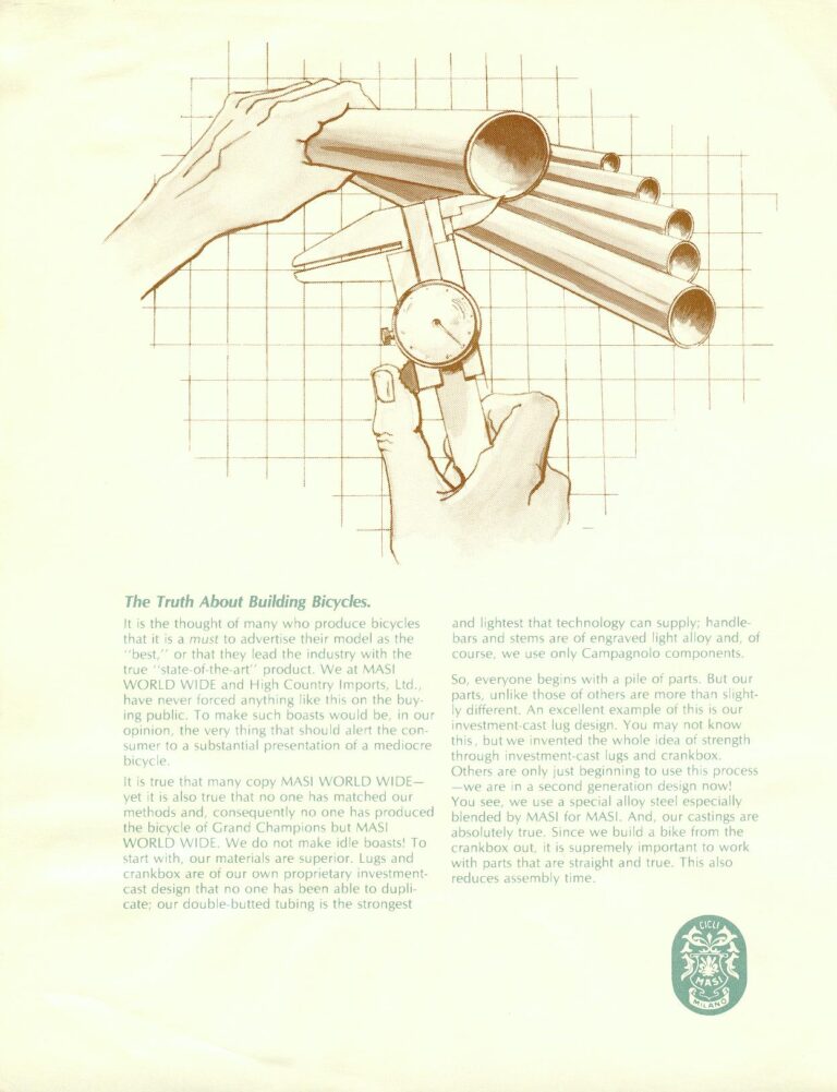 Masi World Wide Brochure — The Tradition, the Gran Criterium, the 3/V Volumetrica and the Nuova Strada (Pen Drawings, High Country Imports) — page 4 of 8