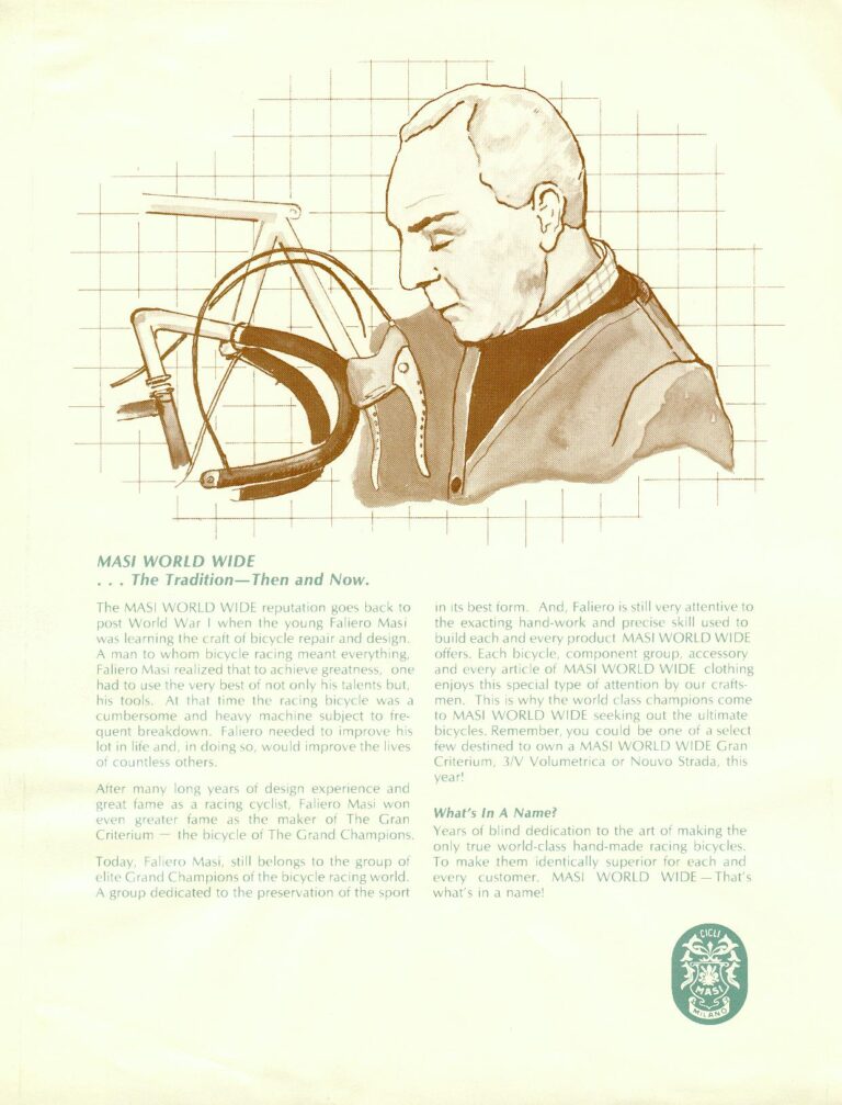 Masi World Wide Brochure — The Tradition, the Gran Criterium, the 3/V Volumetrica and the Nuova Strada (Pen Drawings, High Country Imports) — page 5 of 8