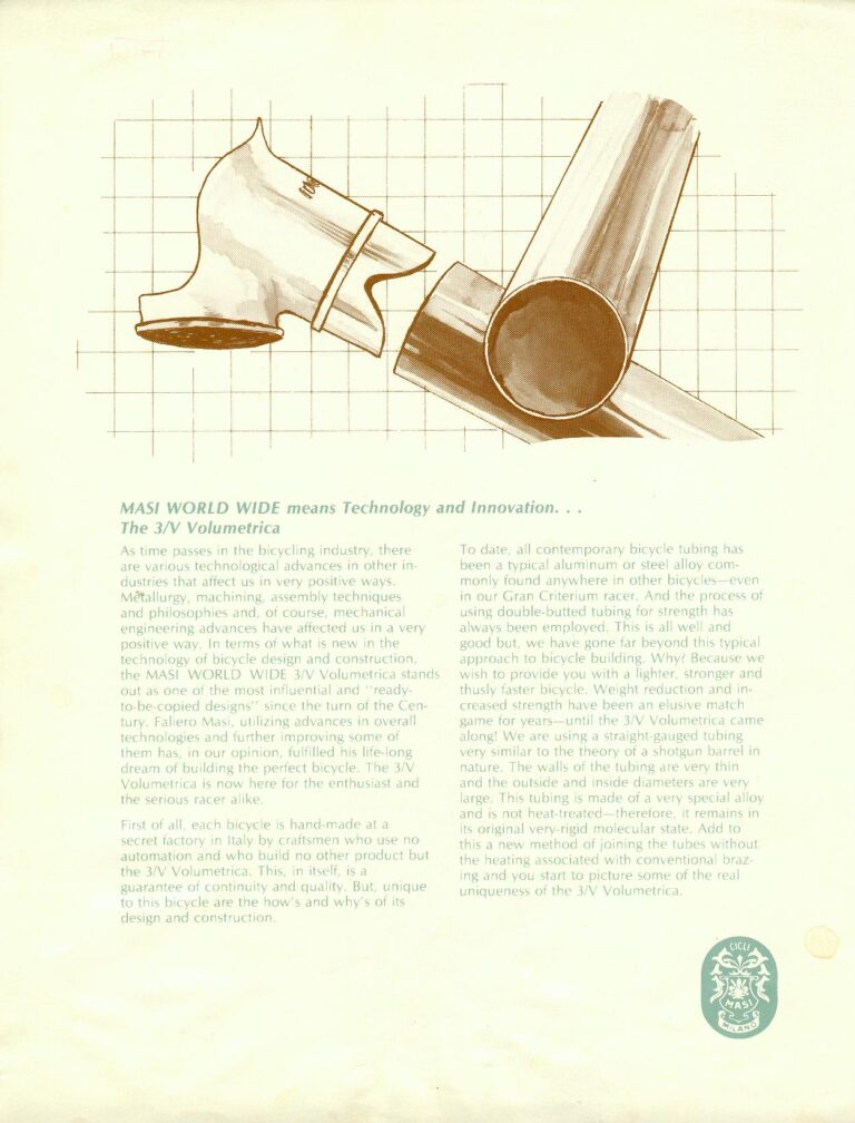 Masi World Wide Brochure — The Tradition, the Gran Criterium, the 3/V Volumetrica and the Nuova Strada (Pen Drawings, High Country Imports) — page 7 of 8