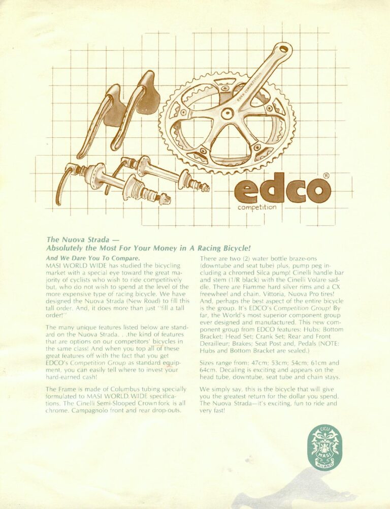Masi World Wide Brochure — The Tradition, the Gran Criterium, the 3/V Volumetrica and the Nuova Strada (Pen Drawings, High Country Imports) — page 8 of 8