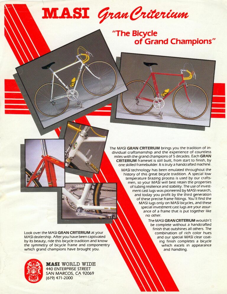 Masi World Wide Sheets — Gran Criterium, 3V Volumetrica and Nuova Strada, with Specifications (San Marcos, California) — page 1 of 6