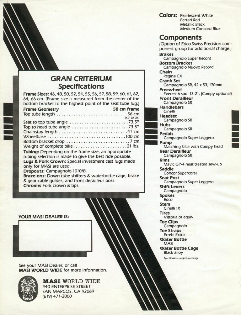 Masi World Wide Sheets — Gran Criterium, 3V Volumetrica and Nuova Strada, with Specifications (San Marcos, California) — page 2 of 6