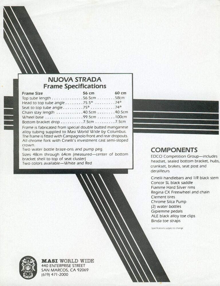 Masi World Wide Sheets — Gran Criterium, 3V Volumetrica and Nuova Strada, with Specifications (San Marcos, California) — page 6 of 6