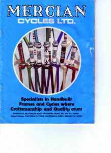 The blue front cover of the Mercian Cycles catalog: seven frame head tubes and forks in different finishes, photographed in a circle, with the showroom and works addresses below.