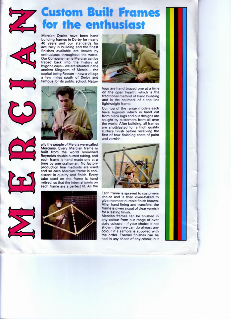 Mercian Catalog of about 1985 — Handbuilt Frames and Cycles, from the Tourist Tandem to the 753 Special and the Classic — page 2 of 16