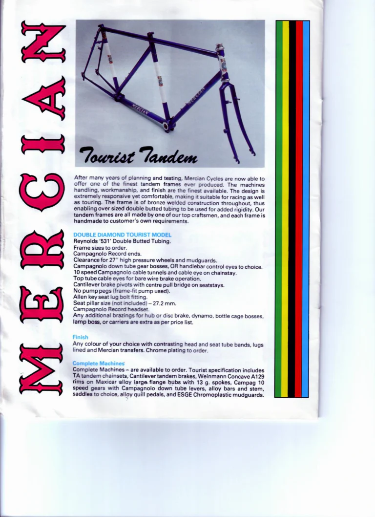 Mercian Catalog of about 1985 — Handbuilt Frames and Cycles, from the Tourist Tandem to the 753 Special and the Classic — page 4 of 16