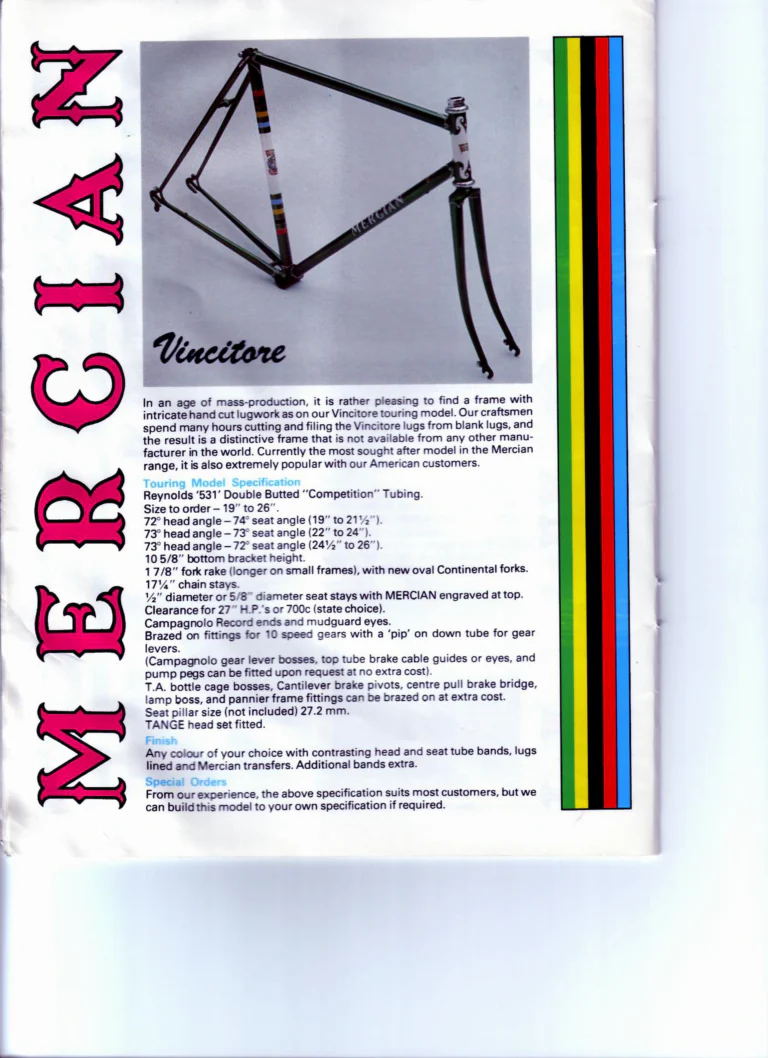 Mercian Catalog of about 1985 — Handbuilt Frames and Cycles, from the Tourist Tandem to the 753 Special and the Classic — page 6 of 16