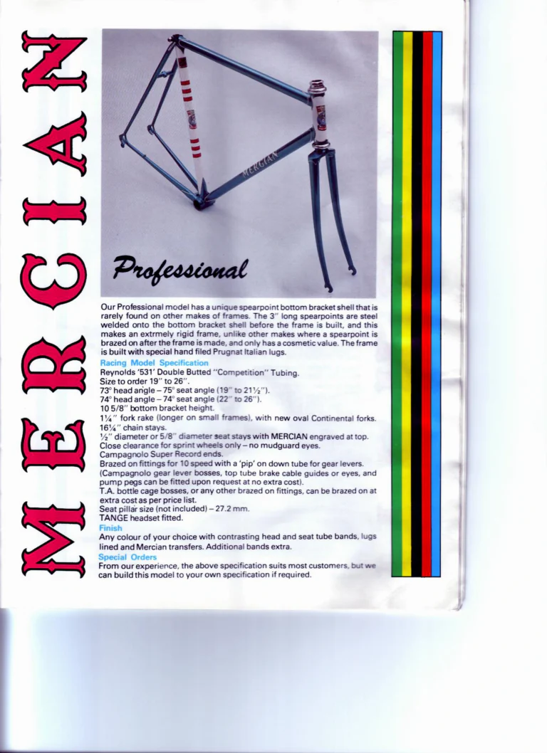 Mercian Catalog of about 1985 — Handbuilt Frames and Cycles, from the Tourist Tandem to the 753 Special and the Classic — page 7 of 16