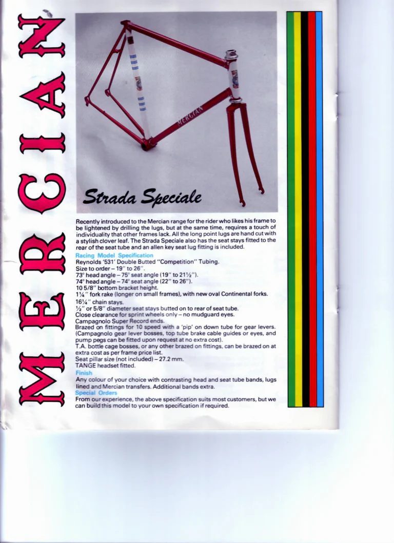 Mercian Catalog of about 1985 — Handbuilt Frames and Cycles, from the Tourist Tandem to the 753 Special and the Classic — page 8 of 16