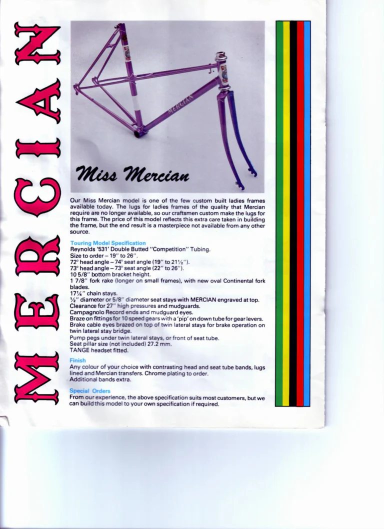 Mercian Catalog of about 1985 — Handbuilt Frames and Cycles, from the Tourist Tandem to the 753 Special and the Classic — page 10 of 16