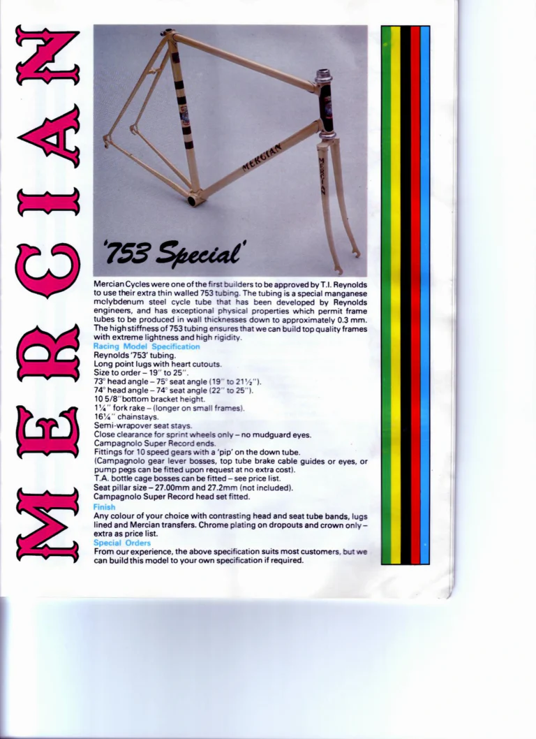 Mercian Catalog of about 1985 — Handbuilt Frames and Cycles, from the Tourist Tandem to the 753 Special and the Classic — page 11 of 16