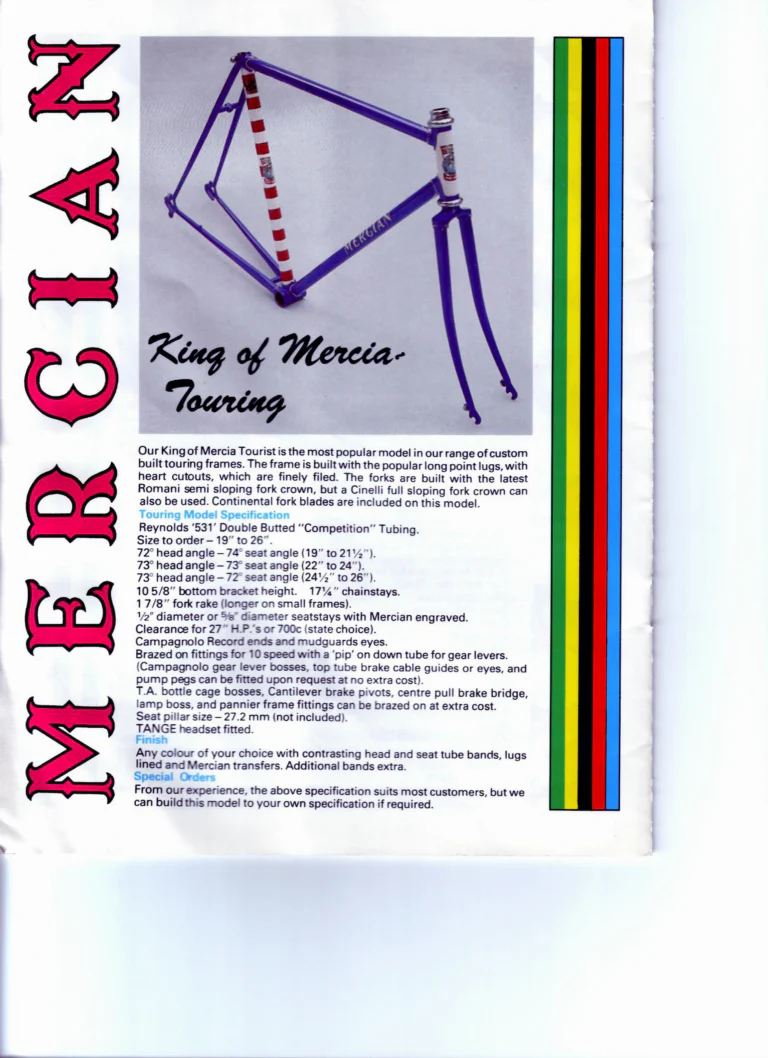 Mercian Catalog of about 1985 — Handbuilt Frames and Cycles, from the Tourist Tandem to the 753 Special and the Classic — page 12 of 16
