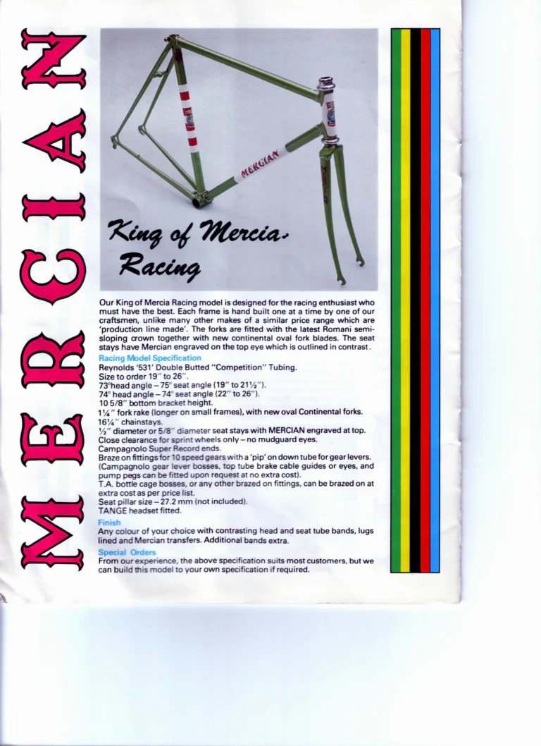 Mercian Catalog of about 1985 — Handbuilt Frames and Cycles, from the Tourist Tandem to the 753 Special and the Classic — page 14 of 16