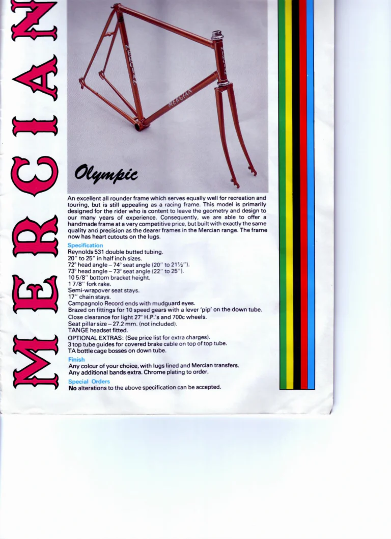 Mercian Catalog of about 1985 — Handbuilt Frames and Cycles, from the Tourist Tandem to the 753 Special and the Classic — page 15 of 16