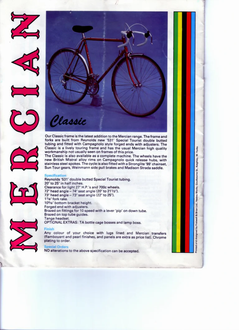 Mercian Catalog of about 1985 — Handbuilt Frames and Cycles, from the Tourist Tandem to the 753 Special and the Classic — page 16 of 16