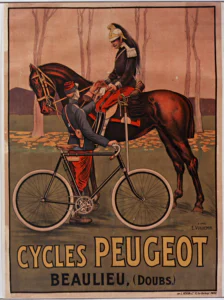 Peugeot poster after Ernest Vulliemin: a cuirassier in a gilt helmet on a bay horse leaning down to take an envelope from an infantryman in a red kepi who holds a diamond-frame bicycle, bare trees and fallen leaves behind, above CYCLES PEUGEOT BEAULIEU (DOUBS) in gold on olive.