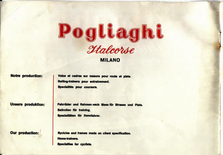Pogliaghi Italcorse Catalog — Track, Road and Tandem Bicycles, Frames Made to Measure and Home Trainers, Milano — page 2 of 24