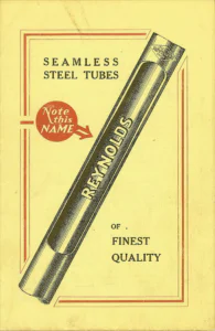 A drawing of a long steel tube with a cut-away section, lettered REYNOLDS along its length and carrying a diamond-shaped Reynolds butted tubes badge near its upper end.