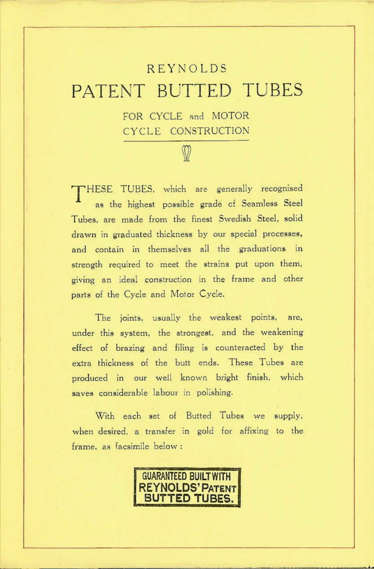 Reynolds Catalog — Seamless Steel Tubes and Reynolds Patent Butted Tubes — page 2 of 16