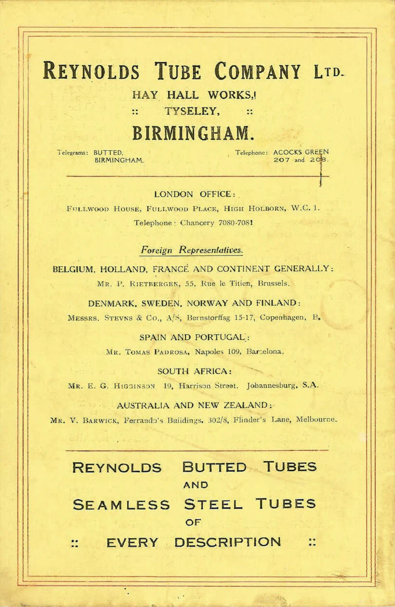 Reynolds Catalog — Seamless Steel Tubes and Reynolds Patent Butted Tubes — page 16 of 16