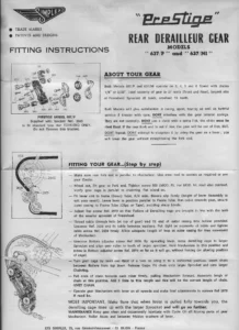Simplex fitting instructions for the Prestige rear derailleur gear models 637/P and 637/NI, with an exploded drawing of the 637/P and its numbered parts and two drawings of the gear fitted to a rear fork end.