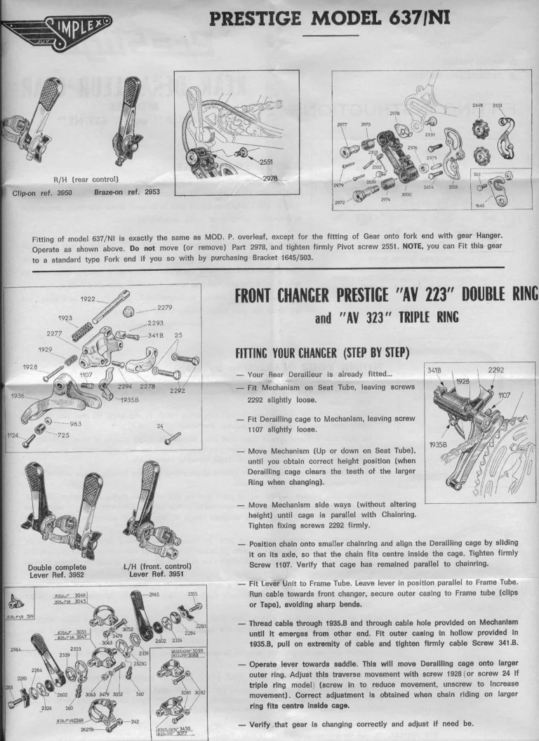 Simplex Prestige Instructions — The Prestige 637 Rear Derailleur Gear and the AV 223 and AV 323 Front Changers, Fitting Instructions — page 2 of 2