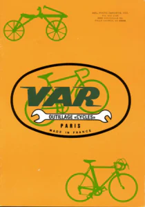 Front cover of the VAR tool catalog: the VAR oval emblem, with its name over a racing bicycle and an open-ended wrench, between green silhouettes of a hobby horse and a modern racing bicycle on an orange ground.