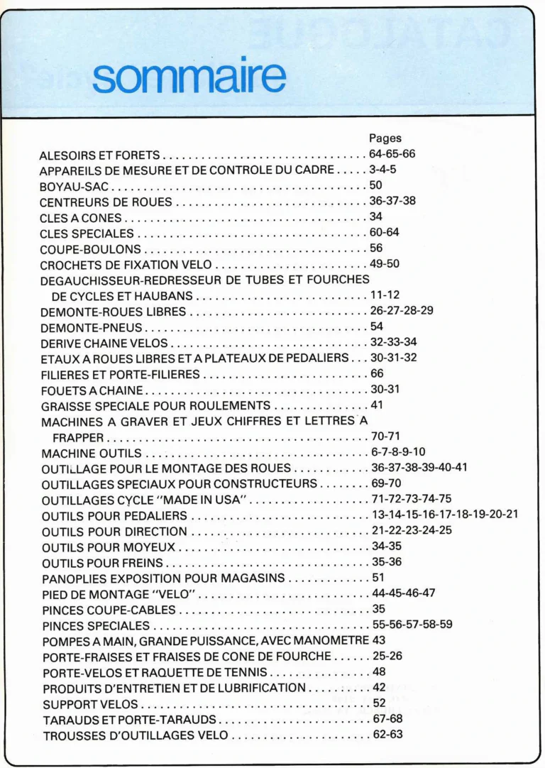 VAR Catalog of about 1983 — Outillage "Cycle", Tools for Cycle Workshops, Drawings and Layout by Daniel Rebour — page 3 of 70