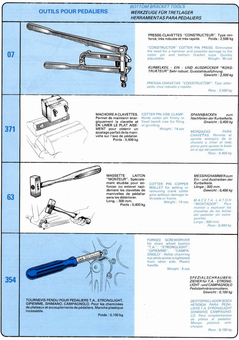 VAR Catalog of about 1983 — Outillage "Cycle", Tools for Cycle Workshops, Drawings and Layout by Daniel Rebour — page 12 of 70