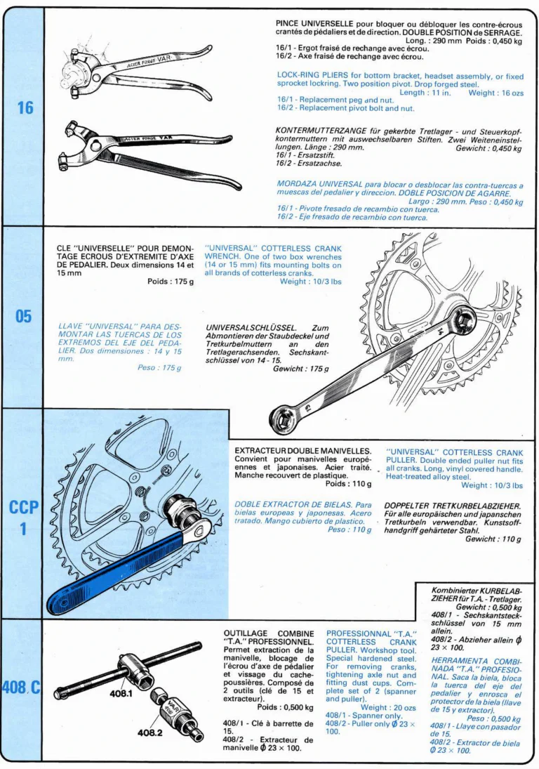 VAR Catalog of about 1983 — Outillage "Cycle", Tools for Cycle Workshops, Drawings and Layout by Daniel Rebour — page 13 of 70