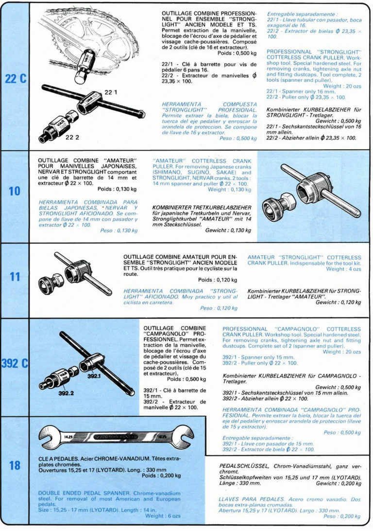 VAR Catalog of about 1983 — Outillage "Cycle", Tools for Cycle Workshops, Drawings and Layout by Daniel Rebour — page 14 of 70
