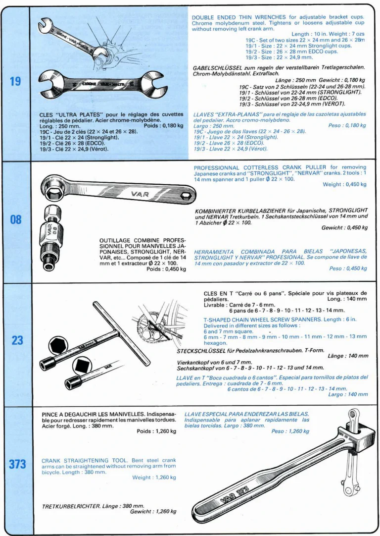 VAR Catalog of about 1983 — Outillage "Cycle", Tools for Cycle Workshops, Drawings and Layout by Daniel Rebour — page 15 of 70