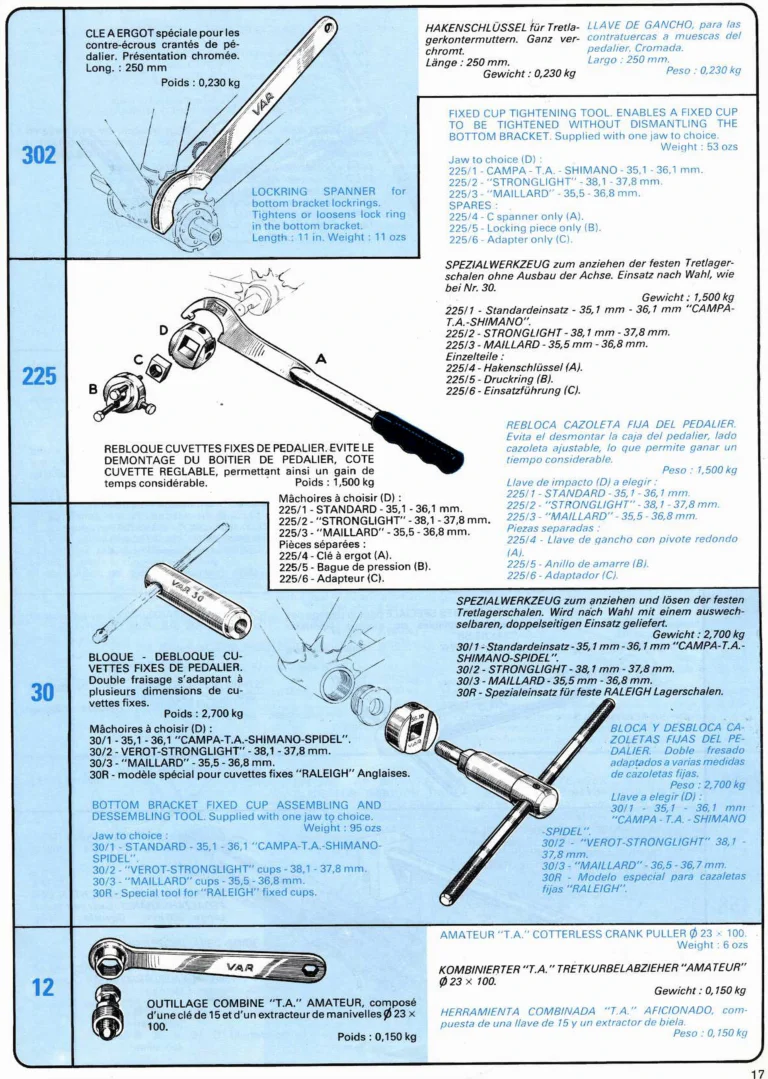 VAR Catalog of about 1983 — Outillage "Cycle", Tools for Cycle Workshops, Drawings and Layout by Daniel Rebour — page 16 of 70