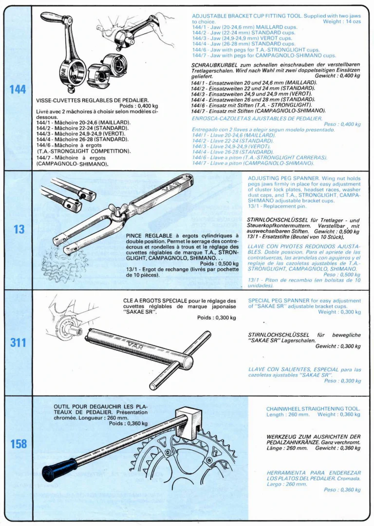 VAR Catalog of about 1983 — Outillage "Cycle", Tools for Cycle Workshops, Drawings and Layout by Daniel Rebour — page 17 of 70