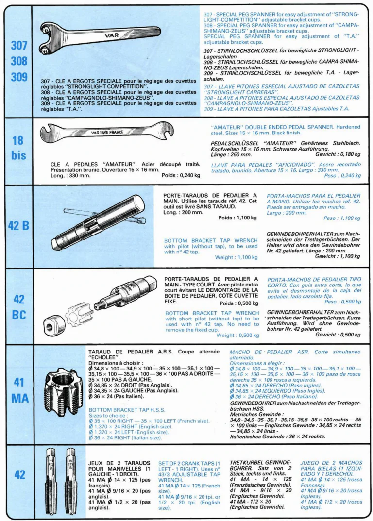 VAR Catalog of about 1983 — Outillage "Cycle", Tools for Cycle Workshops, Drawings and Layout by Daniel Rebour — page 19 of 70