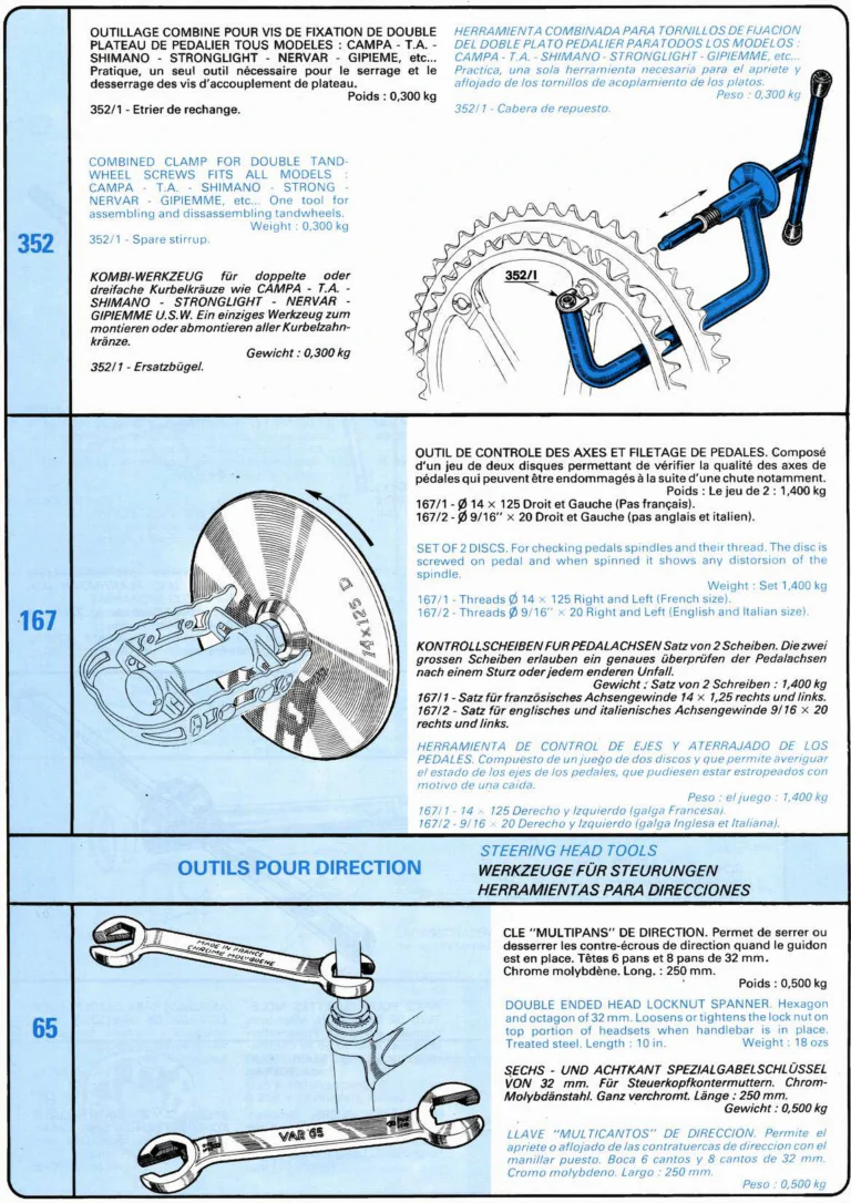 VAR Catalog of about 1983 — Outillage "Cycle", Tools for Cycle Workshops, Drawings and Layout by Daniel Rebour — page 20 of 70