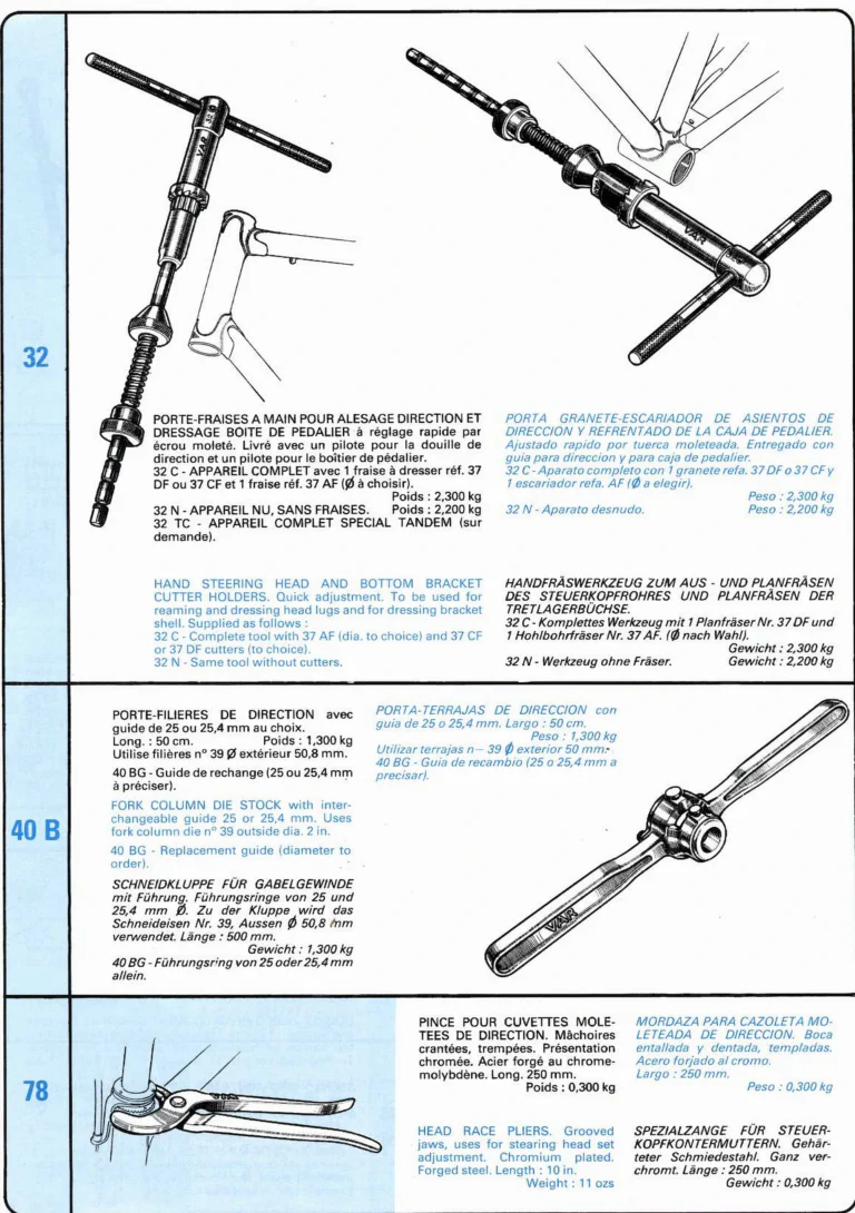 VAR Catalog of about 1983 — Outillage "Cycle", Tools for Cycle Workshops, Drawings and Layout by Daniel Rebour — page 21 of 70