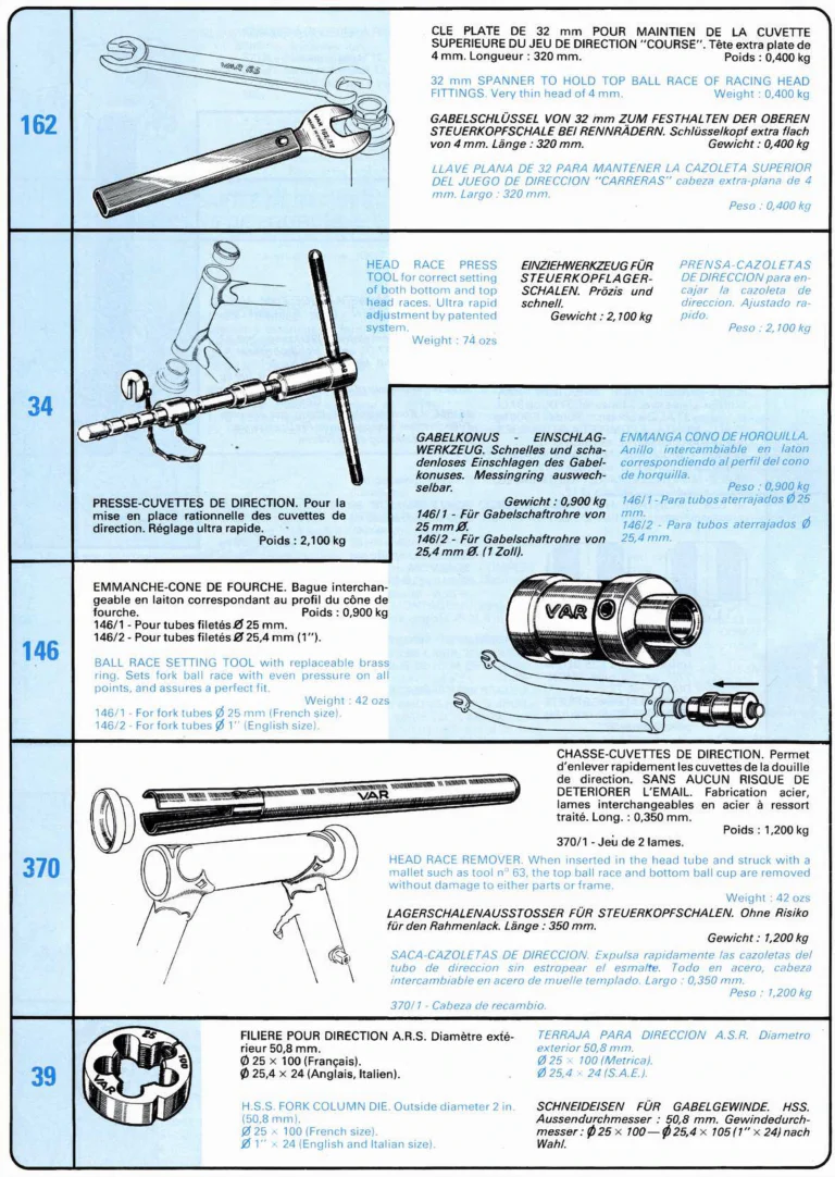 VAR Catalog of about 1983 — Outillage "Cycle", Tools for Cycle Workshops, Drawings and Layout by Daniel Rebour — page 22 of 70